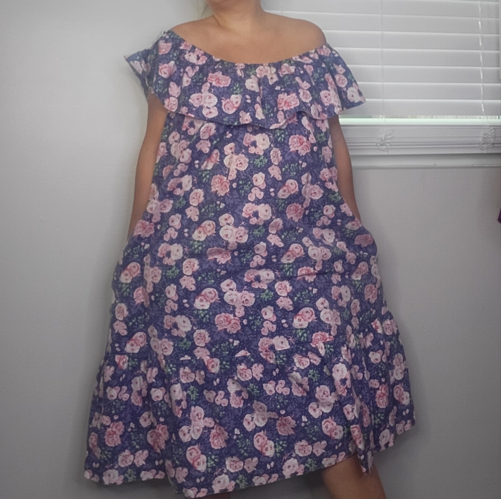 Vintage 70s Off The Shoulder Cabbage Rose Floral Dress - Picture 11 of 12